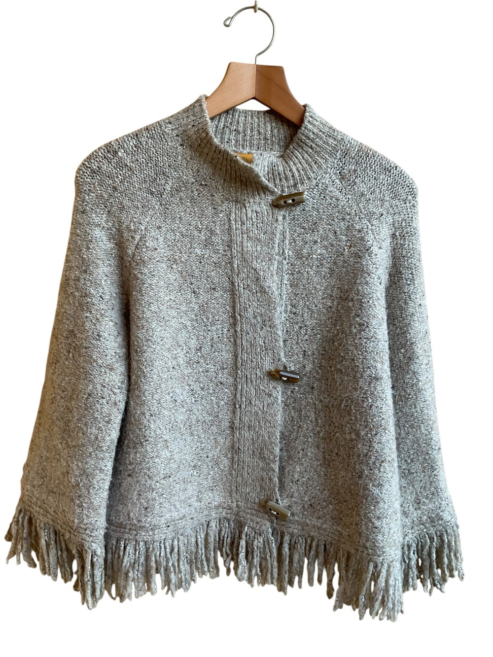 Ruby Rd  L Boho Poncho Cardigan Oatmeal Fringe Toggle Lagenlook Sweater VINTAGE - Picture 13 of 14
